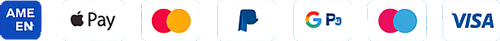 Logos of various payment methods including AMEX, Apple Pay, Mastercard, PayPal, Google Pay, and Visa.